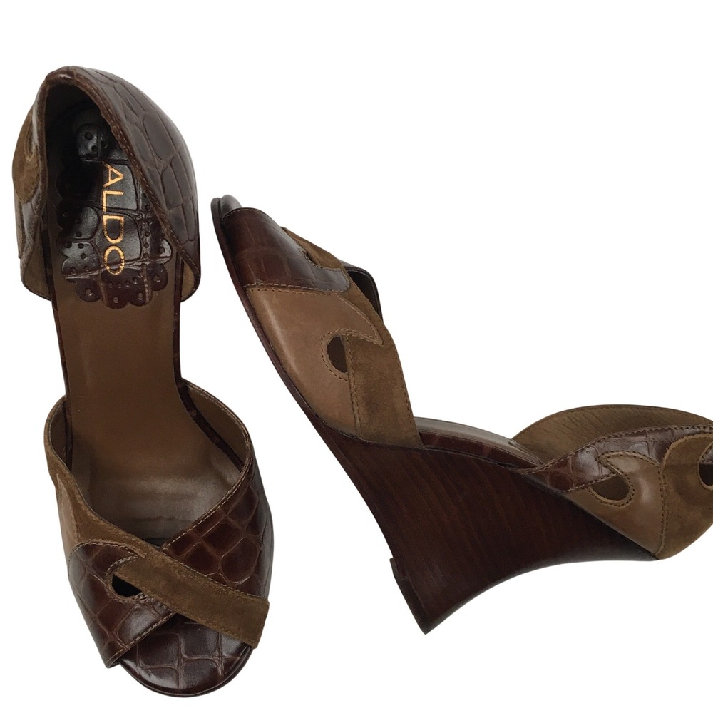 Aldo Croc Embossed Suede Wedge Heels EU 37 Brown Dark Academia Professional